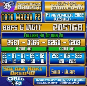 Bocoran Togel TotoMacau P2 14 november 2022