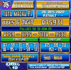 Bocoran Togel TotoMacau P1 26 Desember 2022