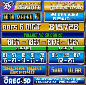 Bocoran Togel TotoMacau P1 29 Desember 2022