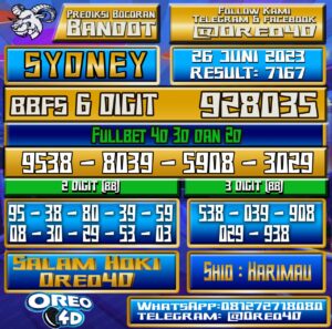 Bocoran Togel Sydney Senin,26 JUNI 2023